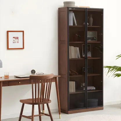 Adjustable Shelves Glass Solid Wood Display Wine Cabinet Image - 3