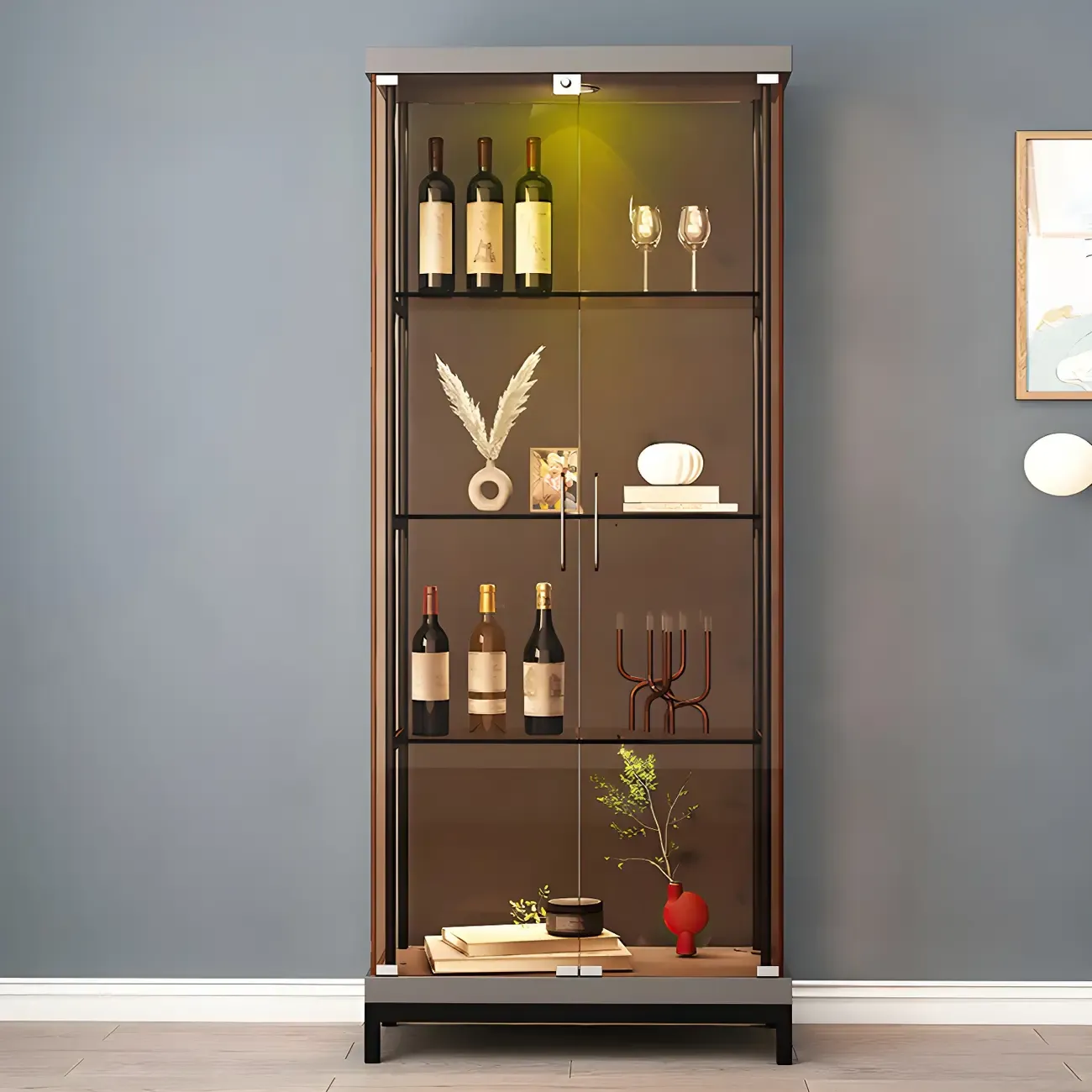 Glam Metal Display Cabinet with Open Storage for Living Room Image - 3