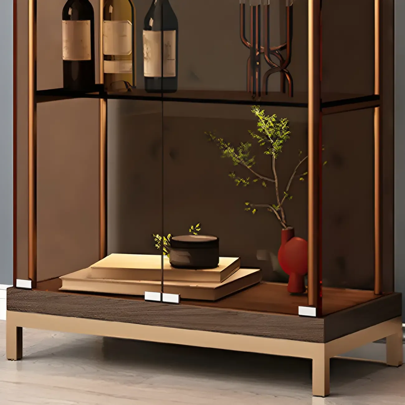 Glam Metal Display Cabinet with Open Storage for Living Room Image - 8