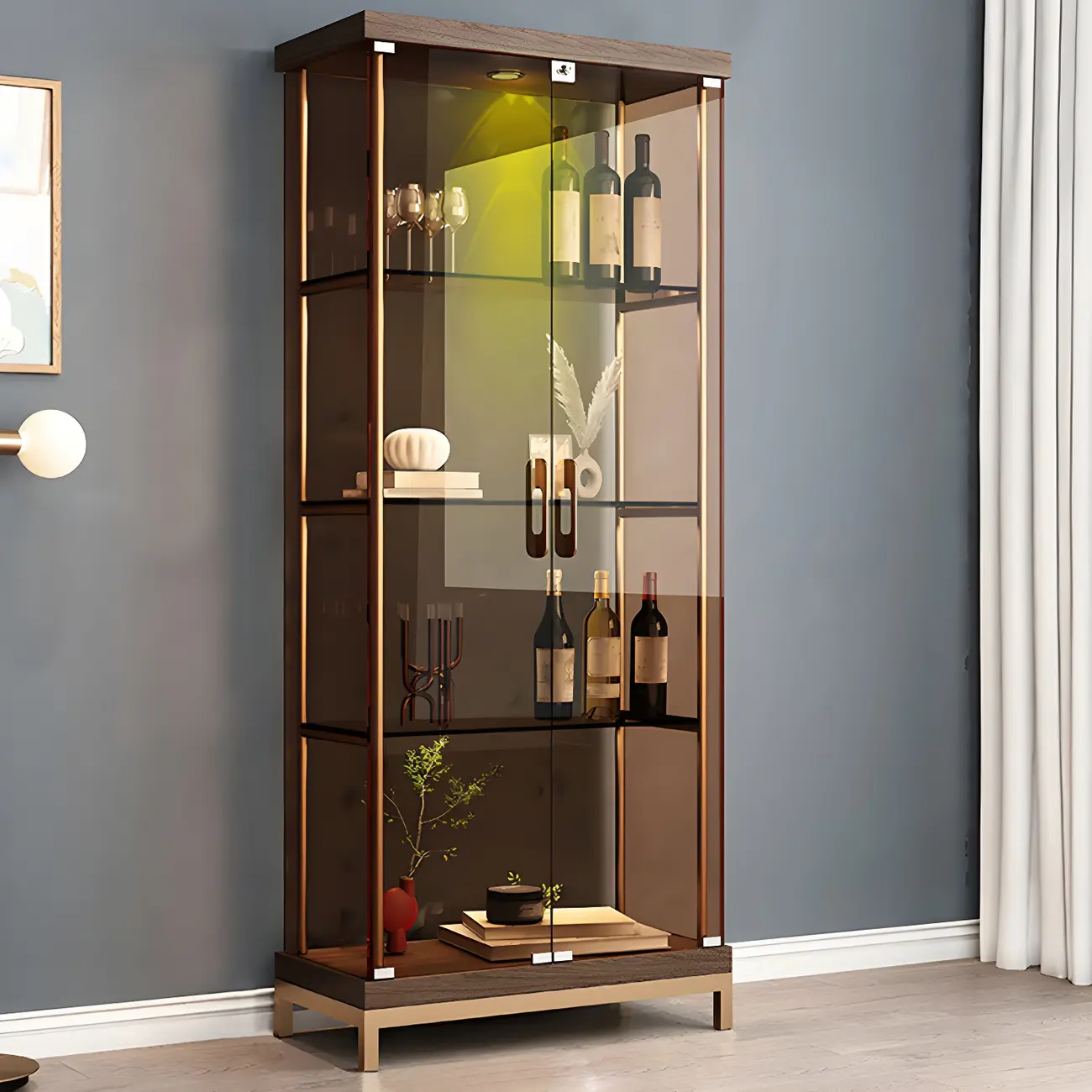 Glam Metal Display Cabinet with Open Storage for Living Room Image - 9 | homeyfad