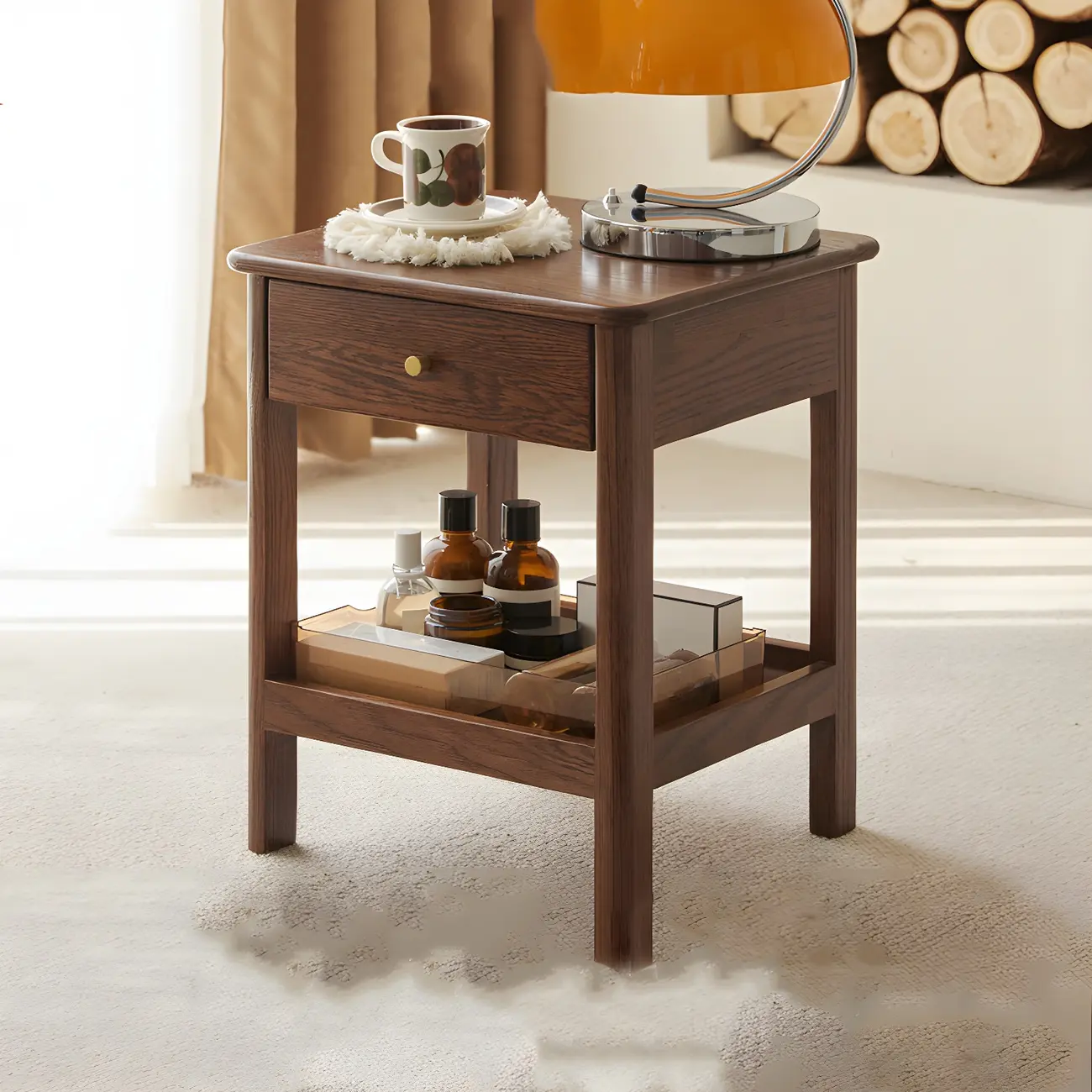 Traditional Narrow Brown Solid Wood Nightstand with Storage Image - 3 | homeyfad