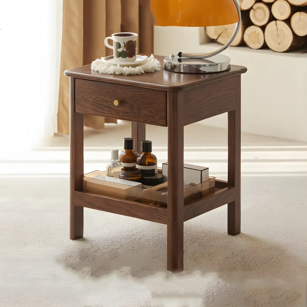 Traditional Narrow Brown Solid Wood Nightstand with Storage Image - 3