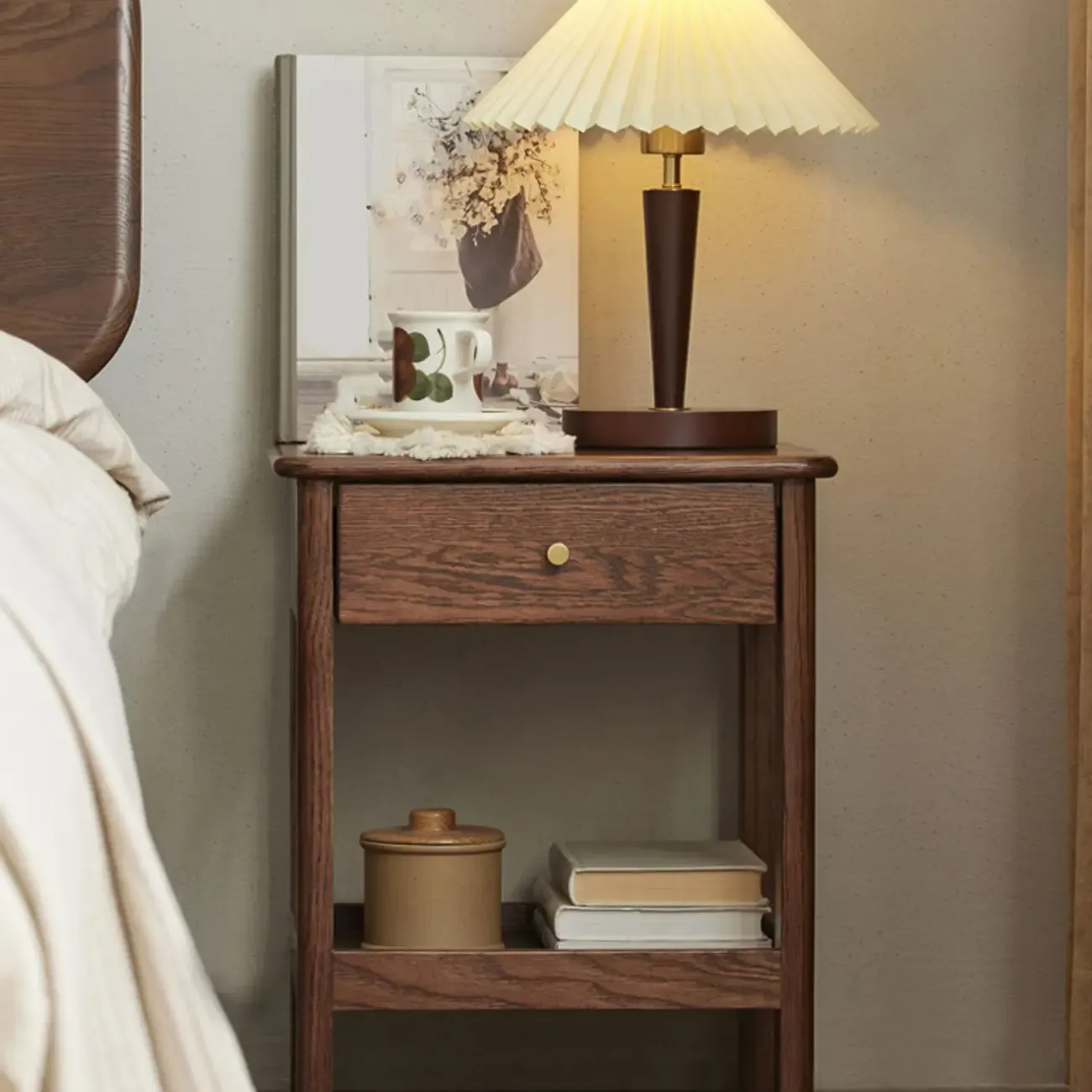 Traditional Narrow Brown Solid Wood Nightstand with Storage Image - 8