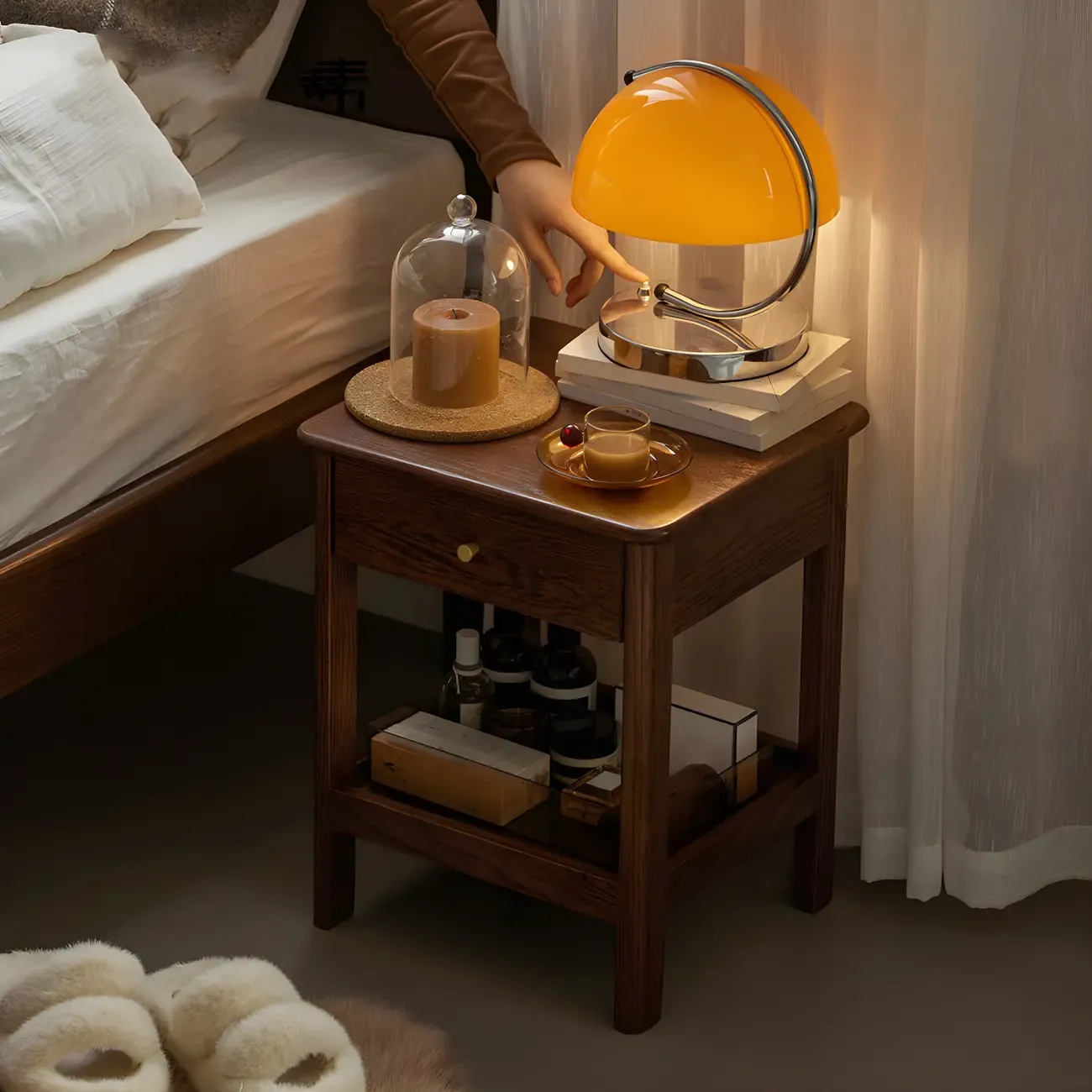 Traditional Narrow Brown Solid Wood Nightstand with Storage Image - 2