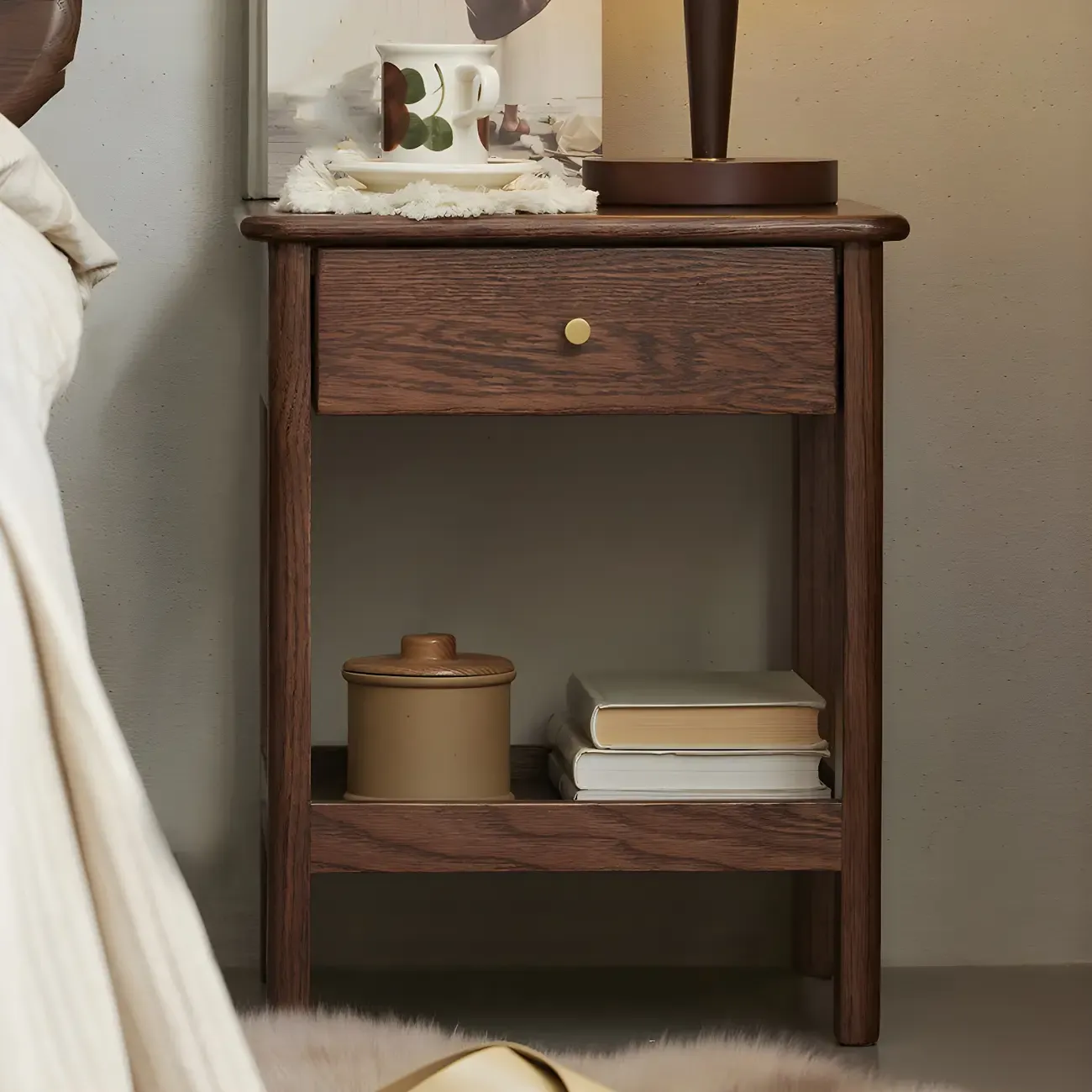 Traditional Narrow Brown Solid Wood Nightstand with Storage Image - 1