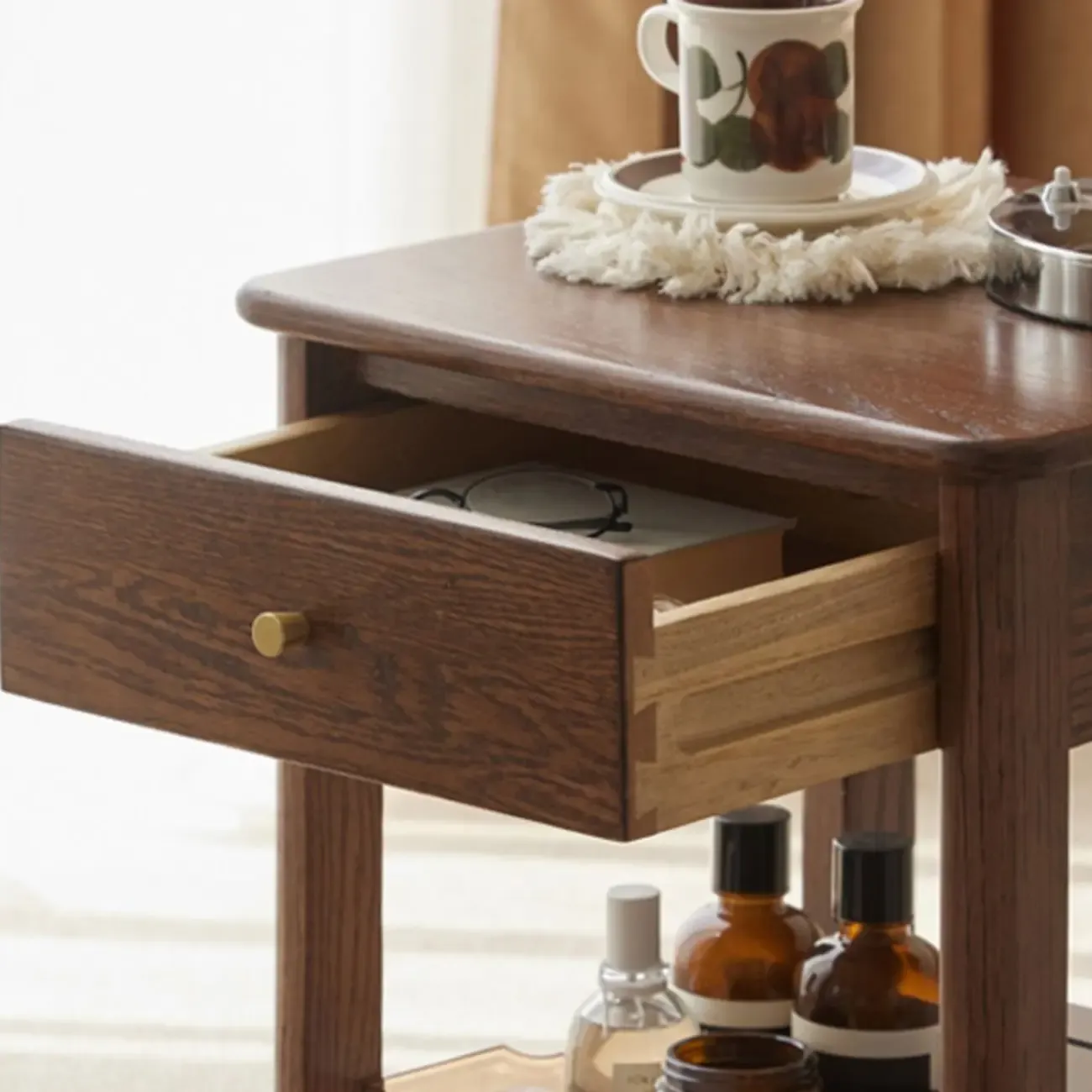 Traditional Narrow Brown Solid Wood Nightstand with Storage Image - 7