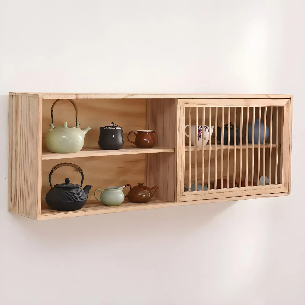 Short Wood Walnut 2-Shelf Wall-Mounted China Cabinet Image - 7