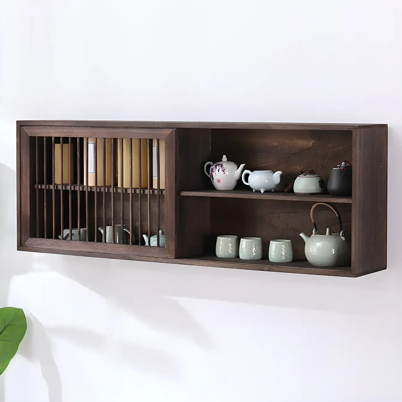 Short Wood Walnut 2-Shelf Wall-Mounted China Cabinet Image - 5