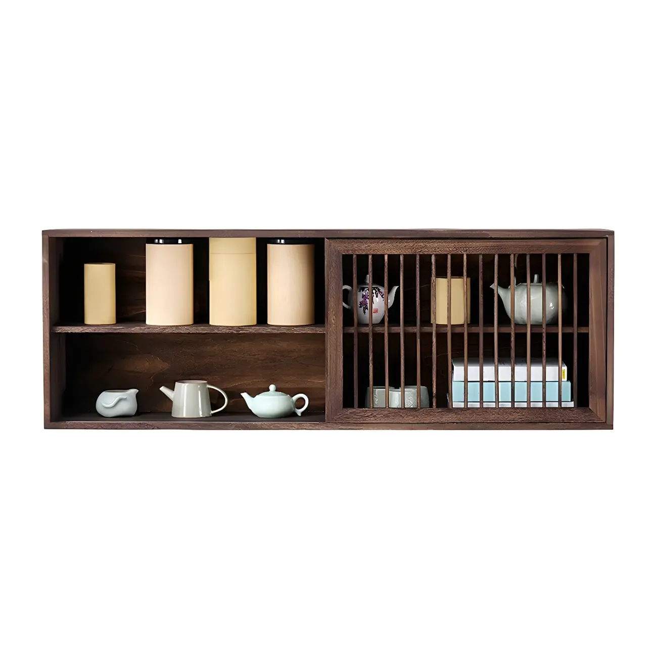 Short Wood Walnut 2-Shelf Wall-Mounted China Cabinet Image - 15