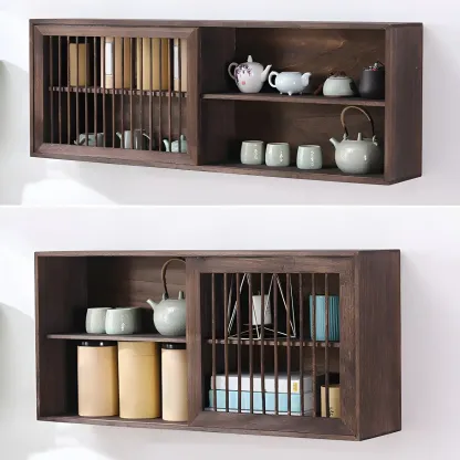 Short Wood Walnut 2-Shelf Wall-Mounted China Cabinet Image - 8