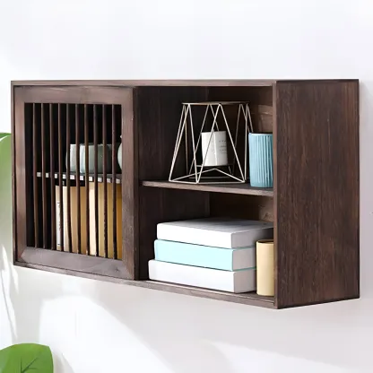 Short Wood Walnut 2-Shelf Wall-Mounted China Cabinet Image - 4