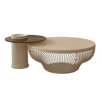 White Round Modern Wood Coffee Table with Storage Base Image - 4