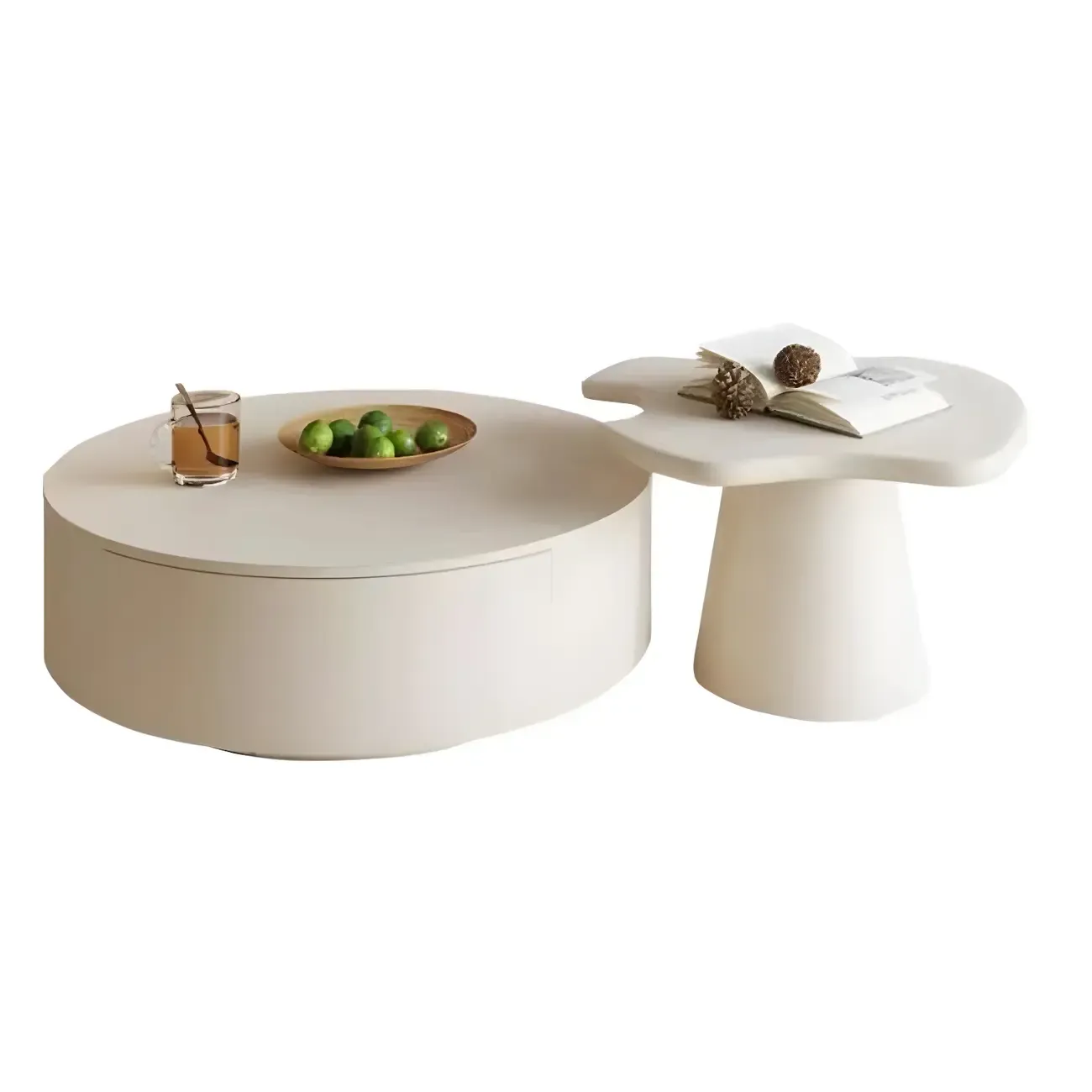 White Round Pedestal Modern Wood Drawer Coffee Table Image - 5