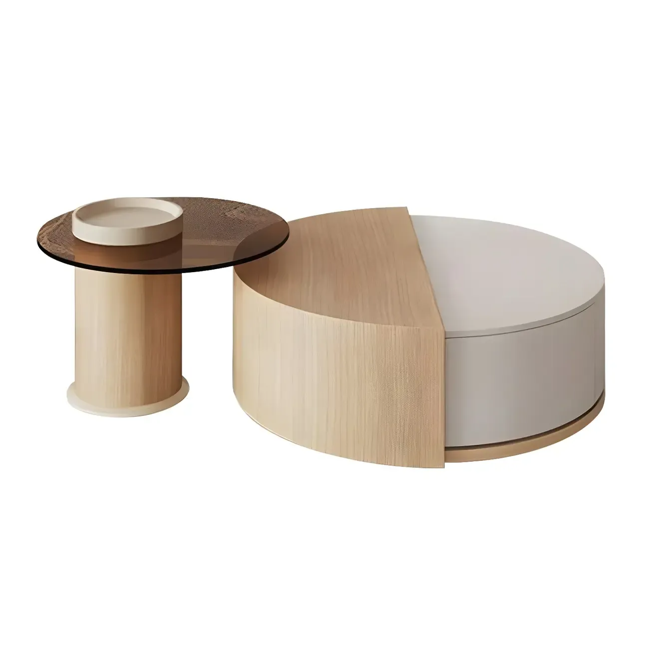 Natural Round Modern Wood Coffee Table with Storage Image - 9