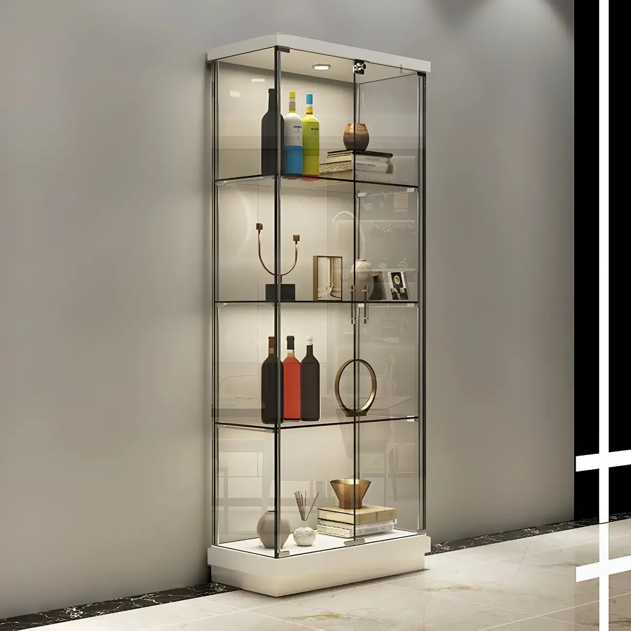 Fashion Black Clear Glass Tall Open Display Cabinet Image - 4