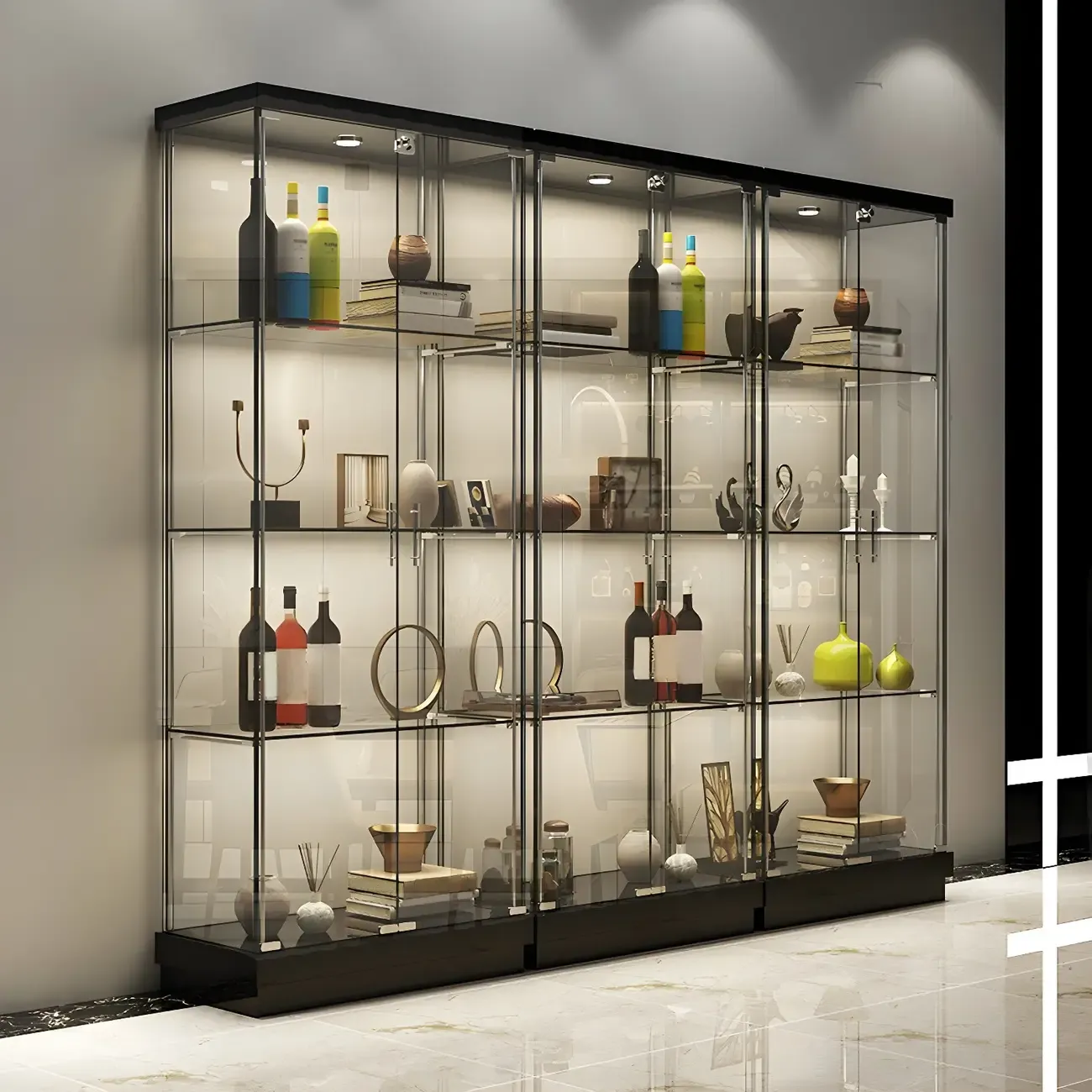 Fashion Black Clear Glass Tall Open Display Cabinet Image - 9