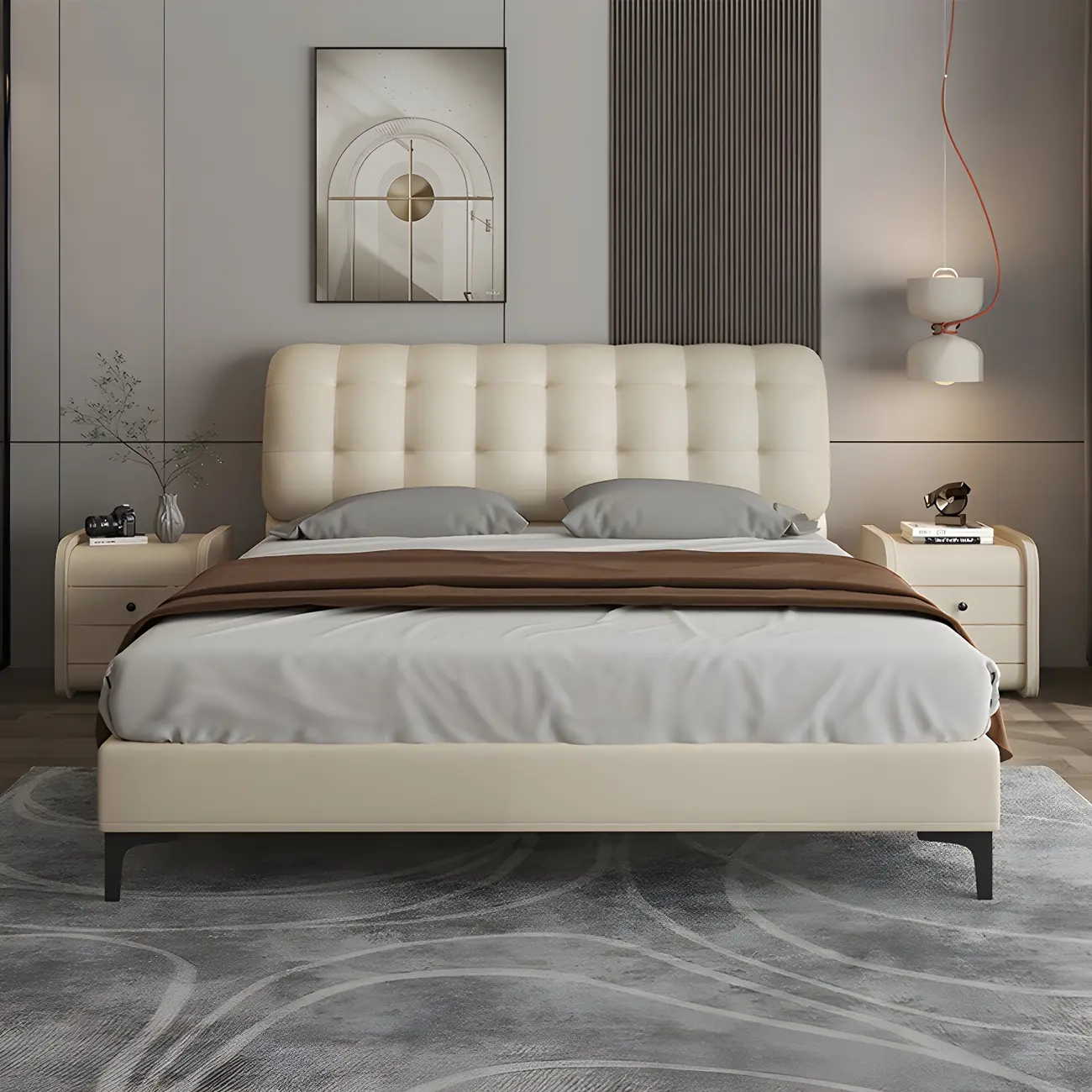 Nordic Sleigh Rectangular Pine Wood Upholstered Headboard Image - 2 | homeyfad