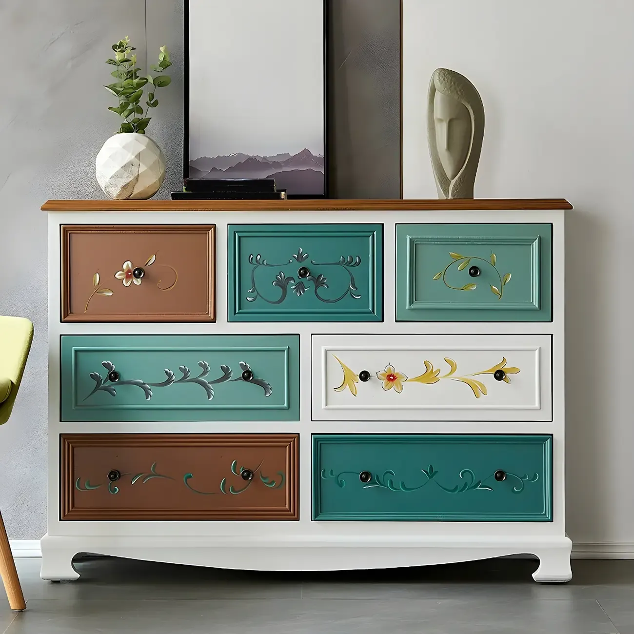 Vintage Wooden Horizontal Double Dresser & Chest with Drawers Image - 3