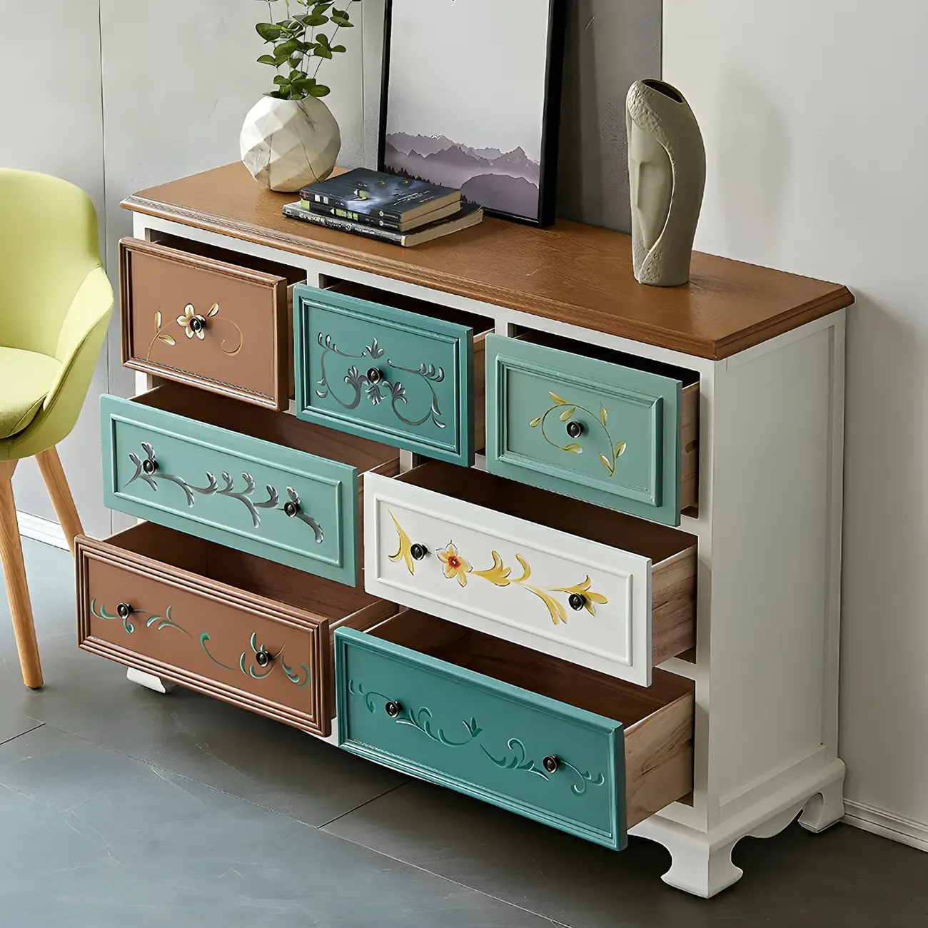 Vintage Wooden Horizontal Double Dresser & Chest with Drawers Image - 4