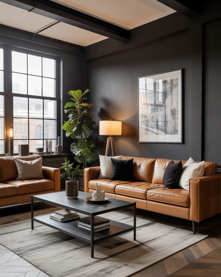 brown sofa with dark gray walls