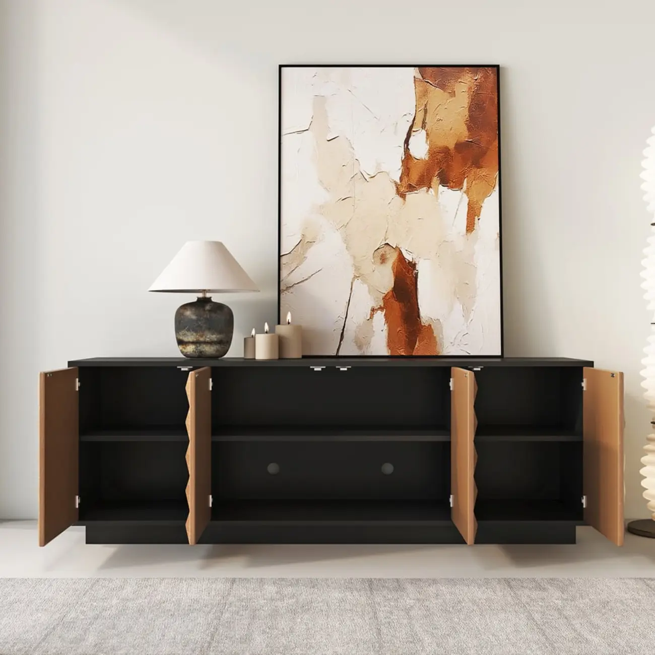 Black & Natural Wooden Fluted Doors TV Stand for 75 Inch TV Image - 6 | homeyfad