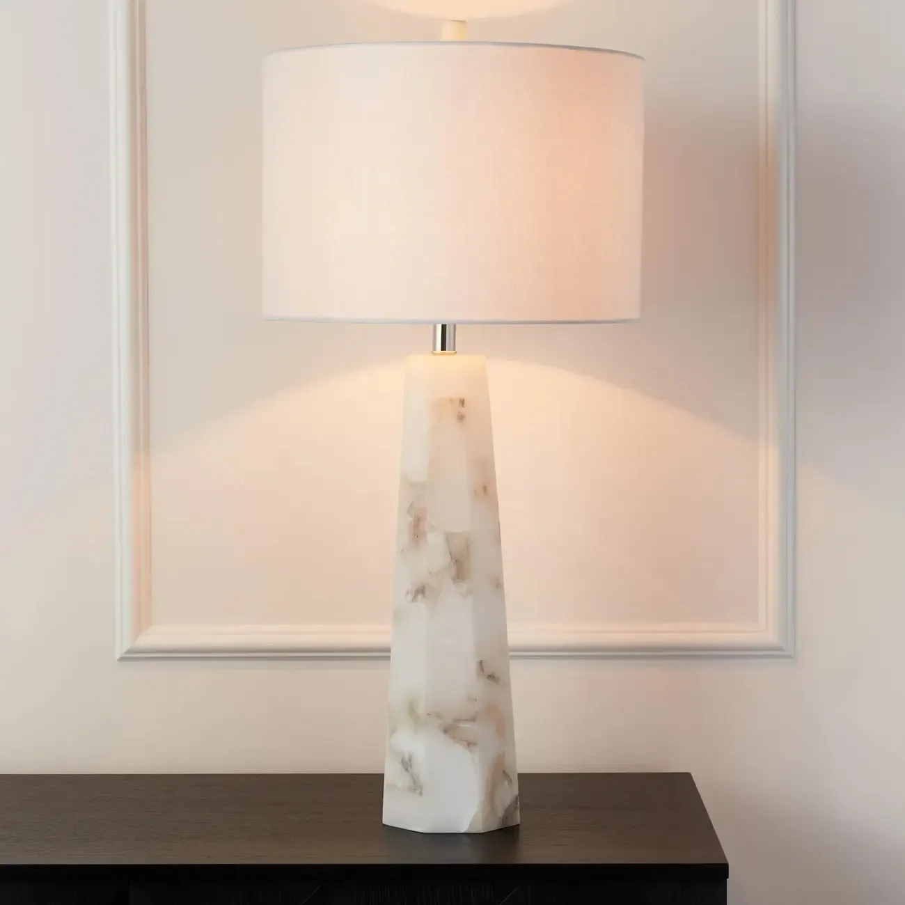 Modern Marble Alabaster Table Lamp with Linen Shade Image - 1
