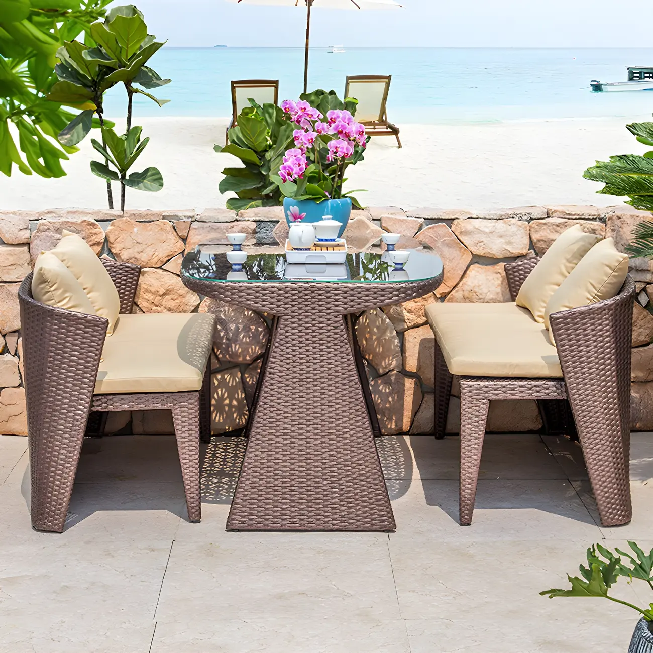 3 Piece Stackable Wicker Dining Set with Cushions Image - 1 | homeyfad