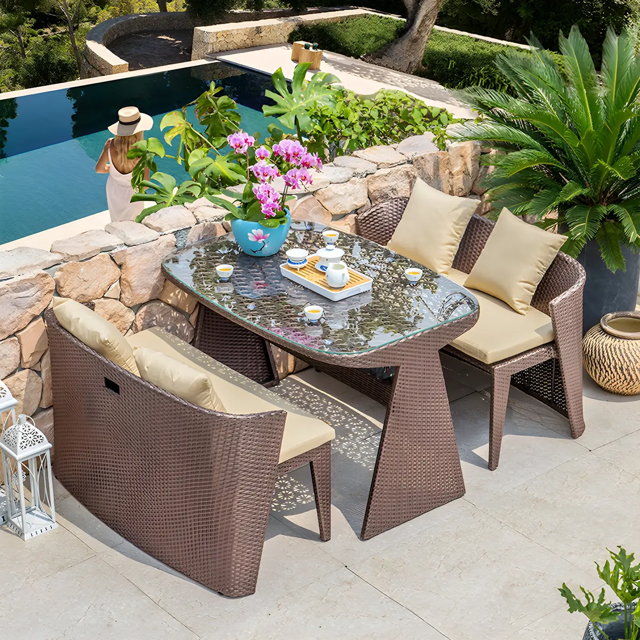 3 Piece Stackable Wicker Dining Set with Cushions Image - 2 | homeyfad