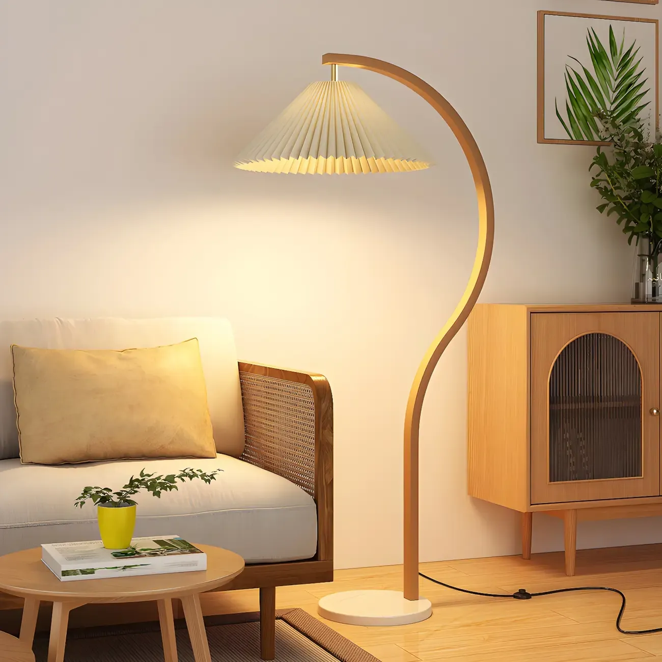 Modern Arched Floor Lamp with Adjustable Pleated Shade Image - 1