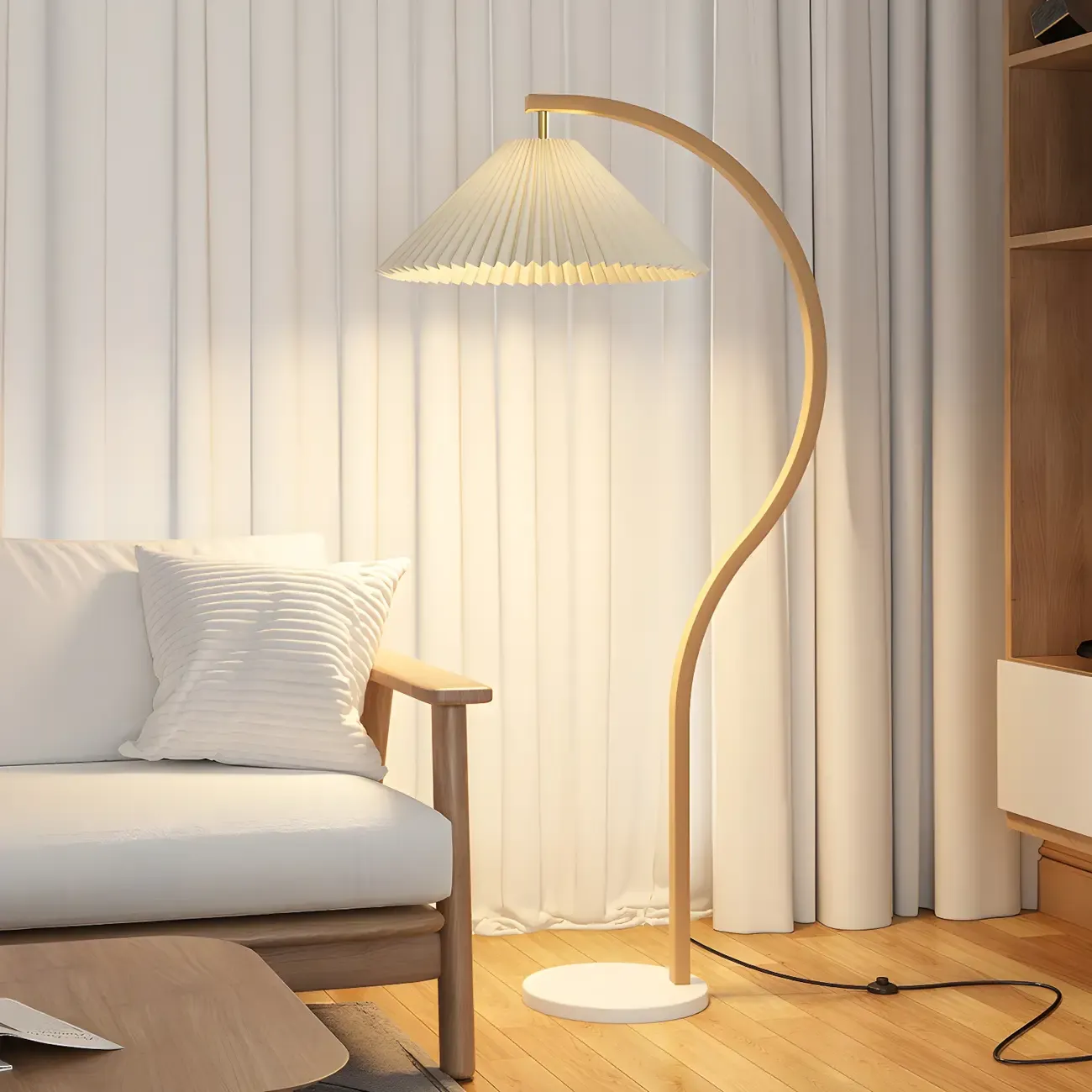 Modern Arched Floor Lamp with Adjustable Pleated Shade Image - 3