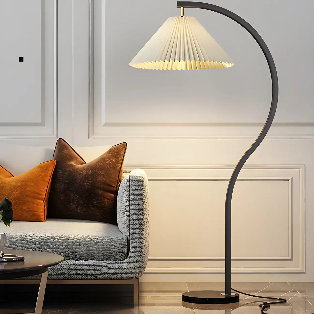 Modern Arched Floor Lamp with Adjustable Pleated Shade Image - 2