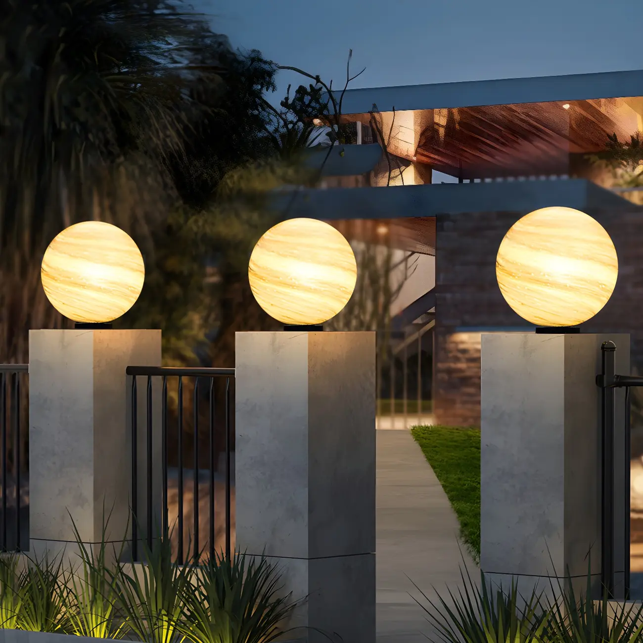 Yellow and Blue Glass Planet-Theme Globe Shade Post Cap Light Image - 3 | homeyfad