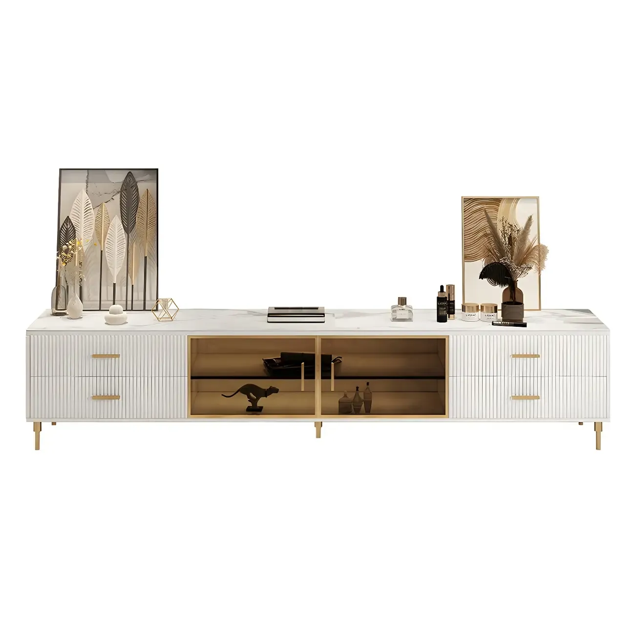 Elegant Stone TV Stand with 4-Drawers & Shelves for Living Room Image - 7
