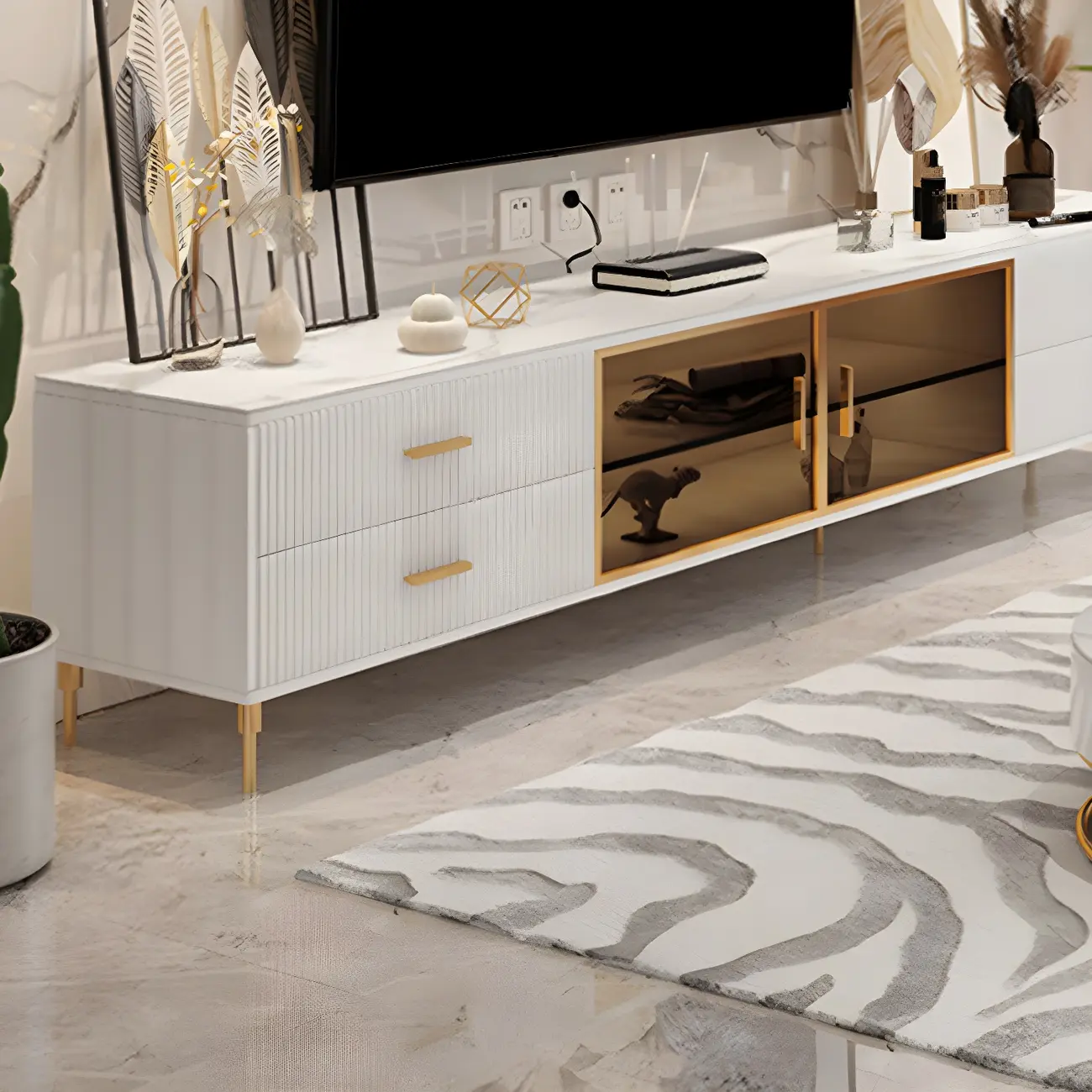 Elegant Stone TV Stand with 4-Drawers & Shelves for Living Room Image - 10 | homeyfad