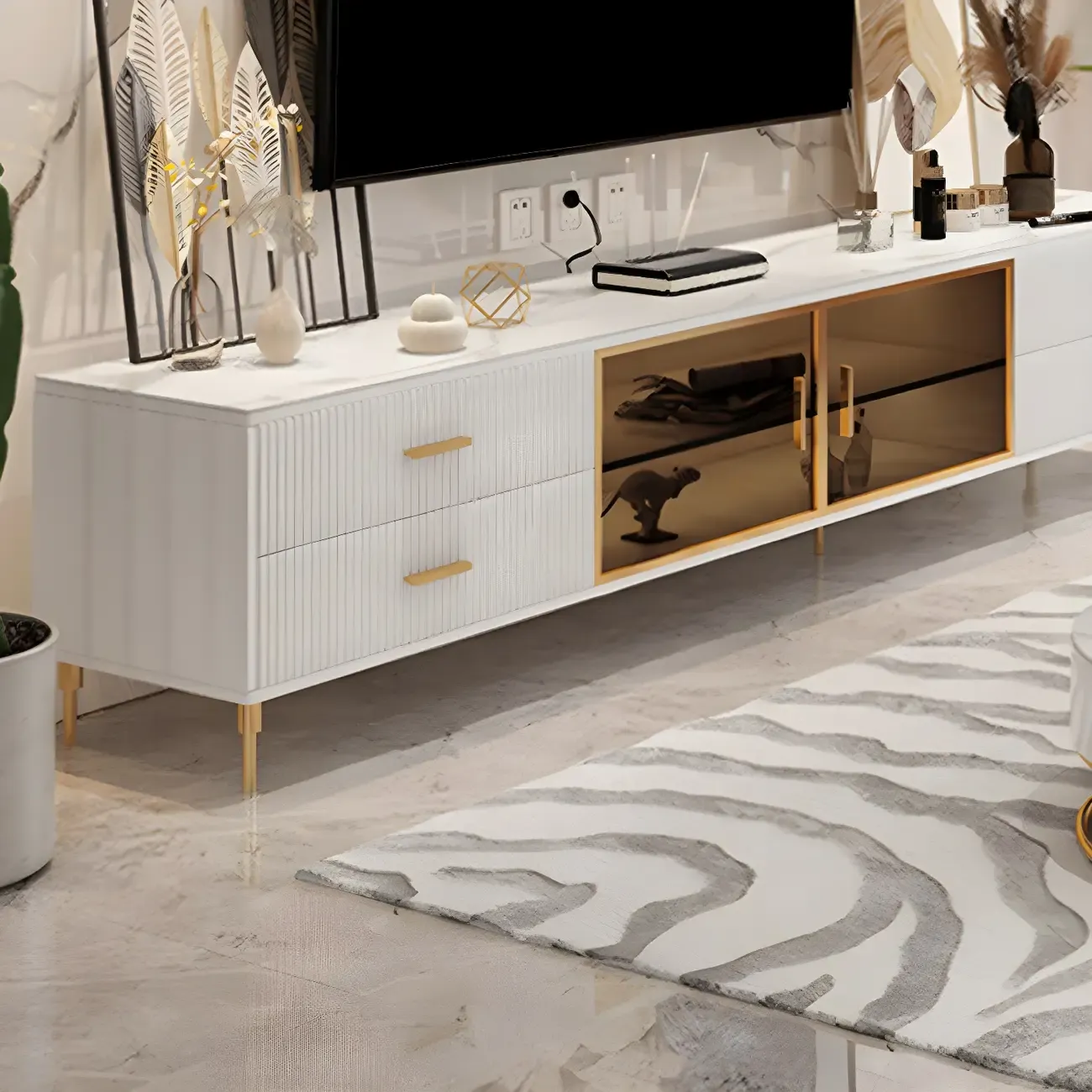 Elegant Stone TV Stand with 4-Drawers & Shelves for Living Room Image - 10