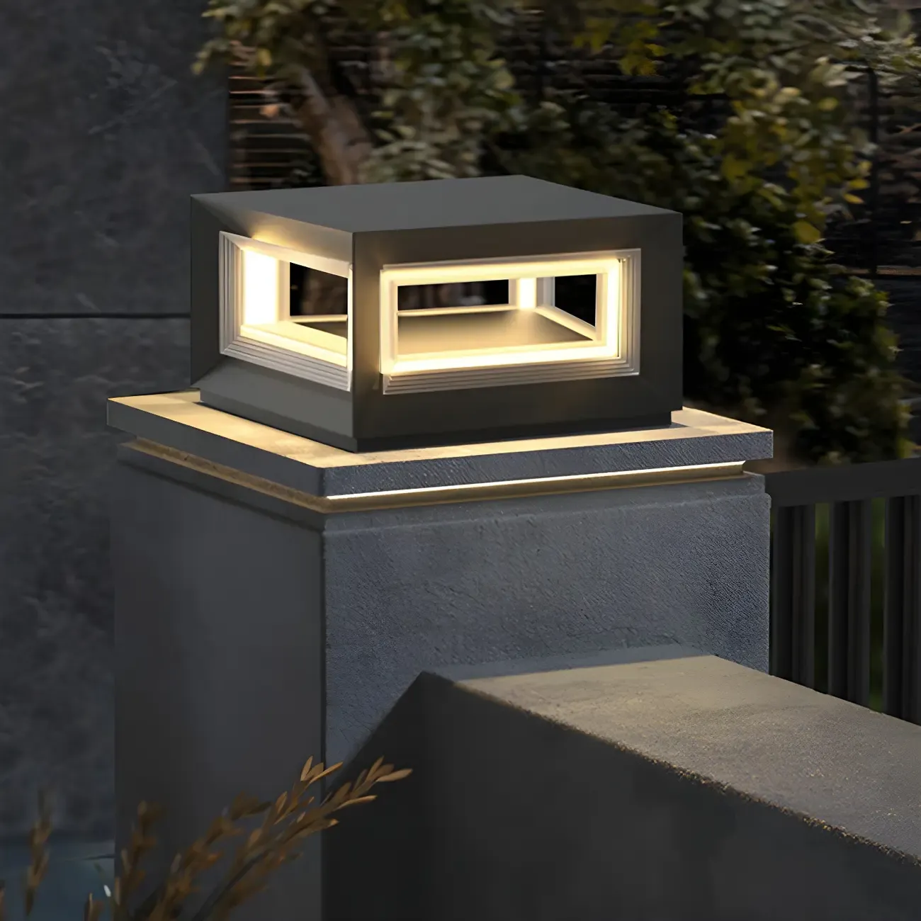 Modern Metal Black Geometric LED Post Cap Light Image - 1