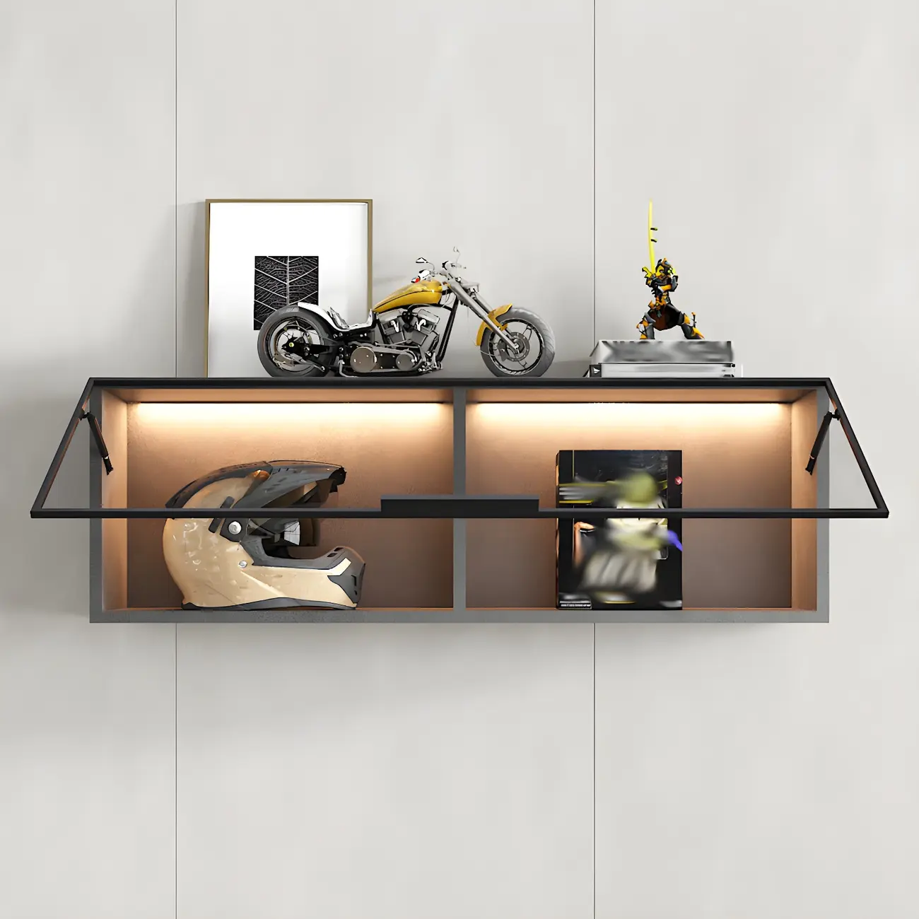 Black Wall Mount Wood 2-Cube Display Cabinet with Light Image - 1 | homeyfad