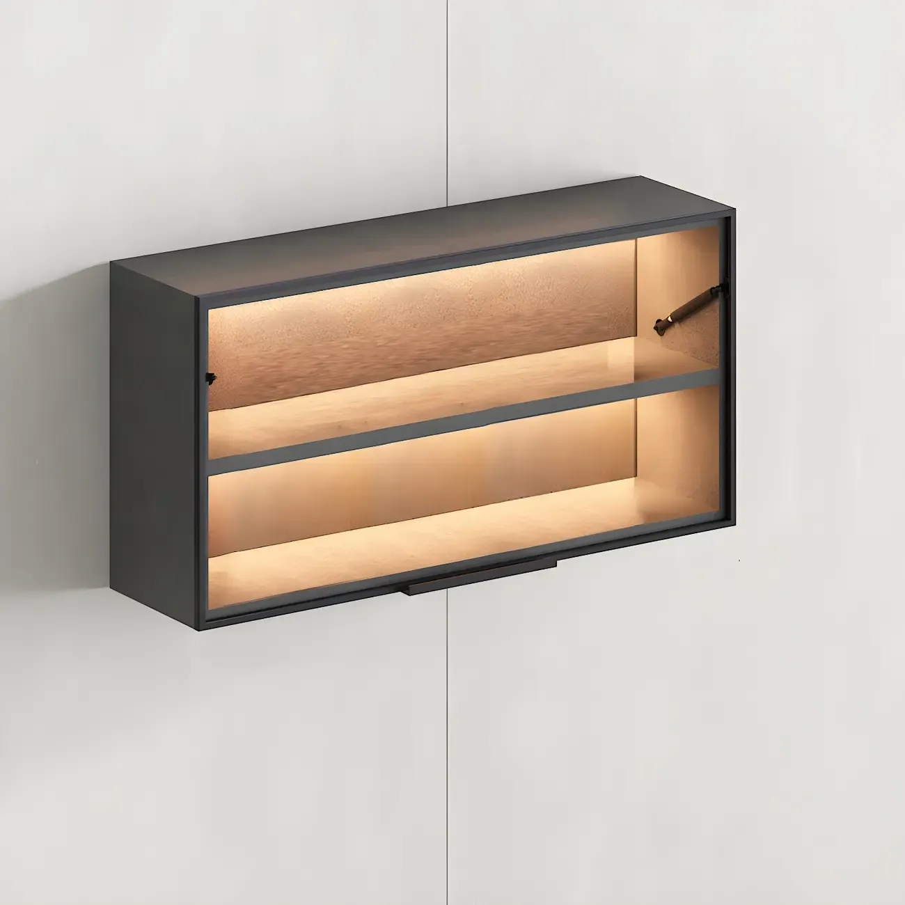 Black Wall Mount Wood 2-Cube Display Cabinet with Light Image - 14