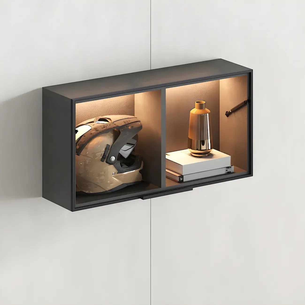 Black Wall Mount Wood 2-Cube Display Cabinet with Light Image - 5