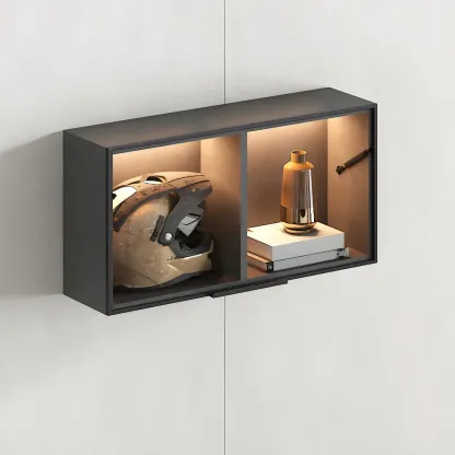 Black Wall Mount Wood 2-Cube Display Cabinet with Light Image - 5