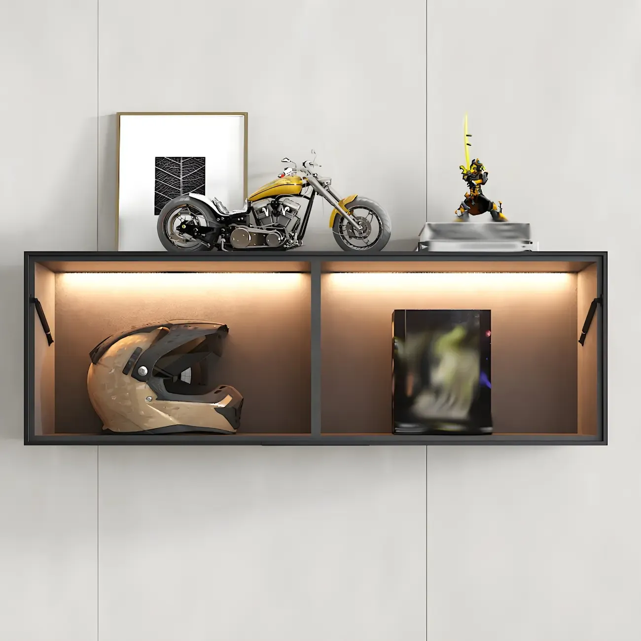 Black Wall Mount Wood 2-Cube Display Cabinet with Light Image - 2