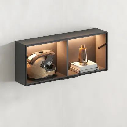Black Wall Mount Wood 2-Cube Display Cabinet with Light Image - 12