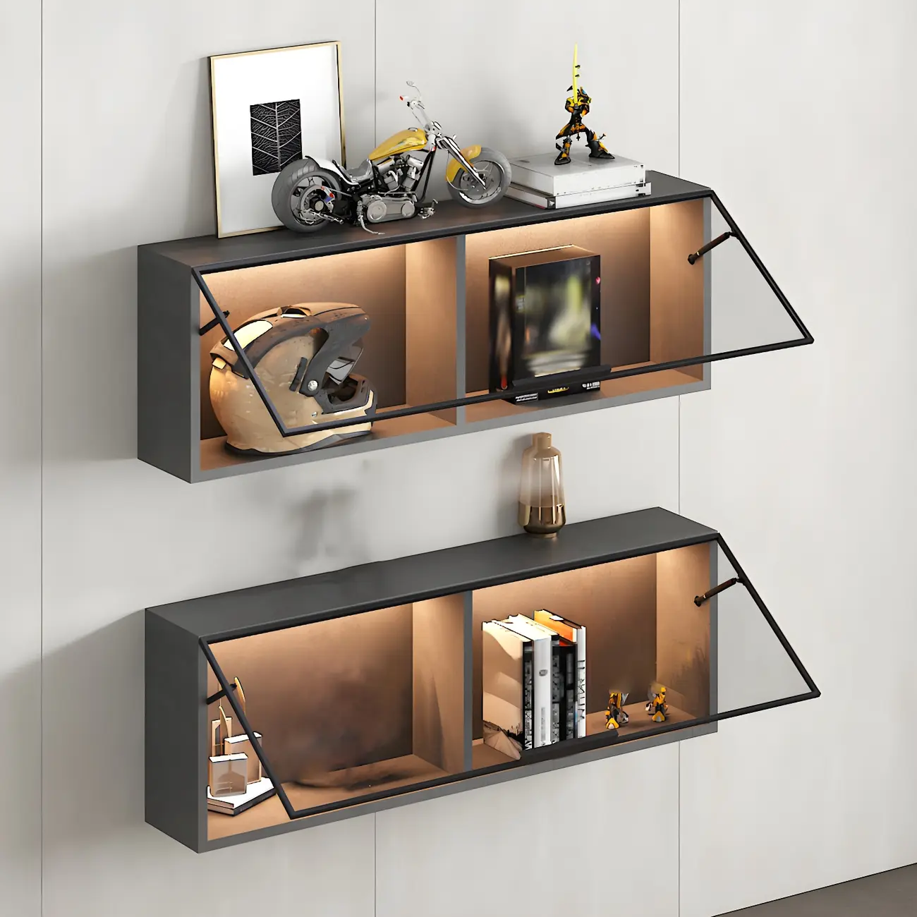 Black Wall Mount Wood 2-Cube Display Cabinet with Light Image - 6 | homeyfad