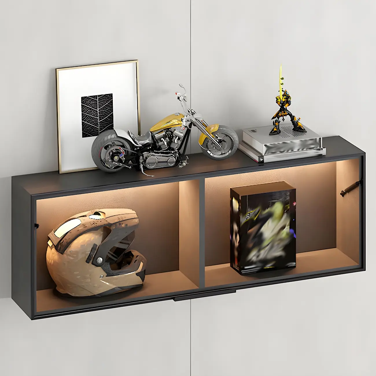 Black Wall Mount Wood 2-Cube Display Cabinet with Light Image - 7 | homeyfad
