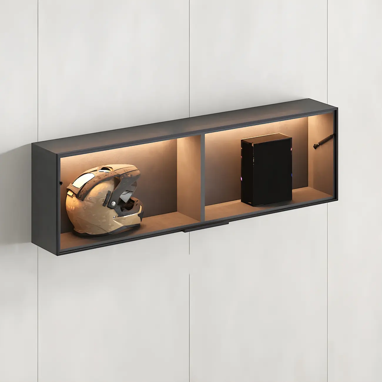 Black Wall Mount Wood 2-Cube Display Cabinet with Light Image - 9 | homeyfad