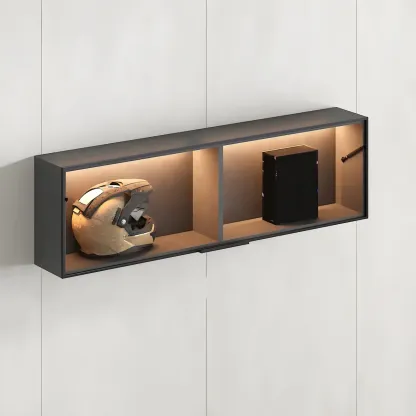 Black Wall Mount Wood 2-Cube Display Cabinet with Light Image - 9