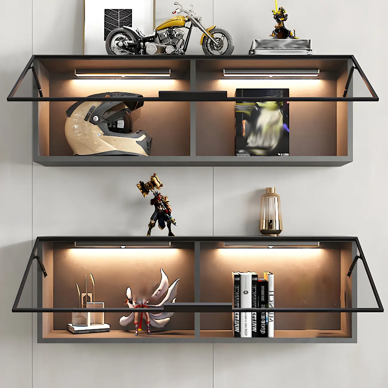 Black Wall Mount Wood 2-Cube Display Cabinet with Light Image - 10 | homeyfad