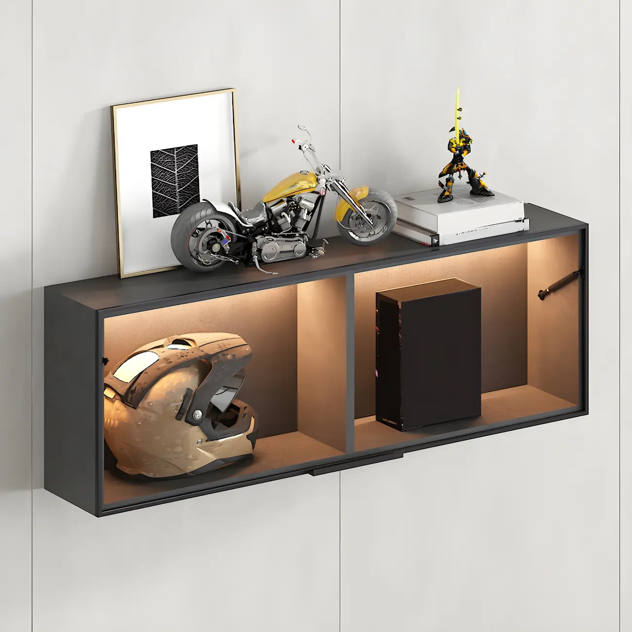 Black Wall Mount Wood 2-Cube Display Cabinet with Light Image - 4 | homeyfad