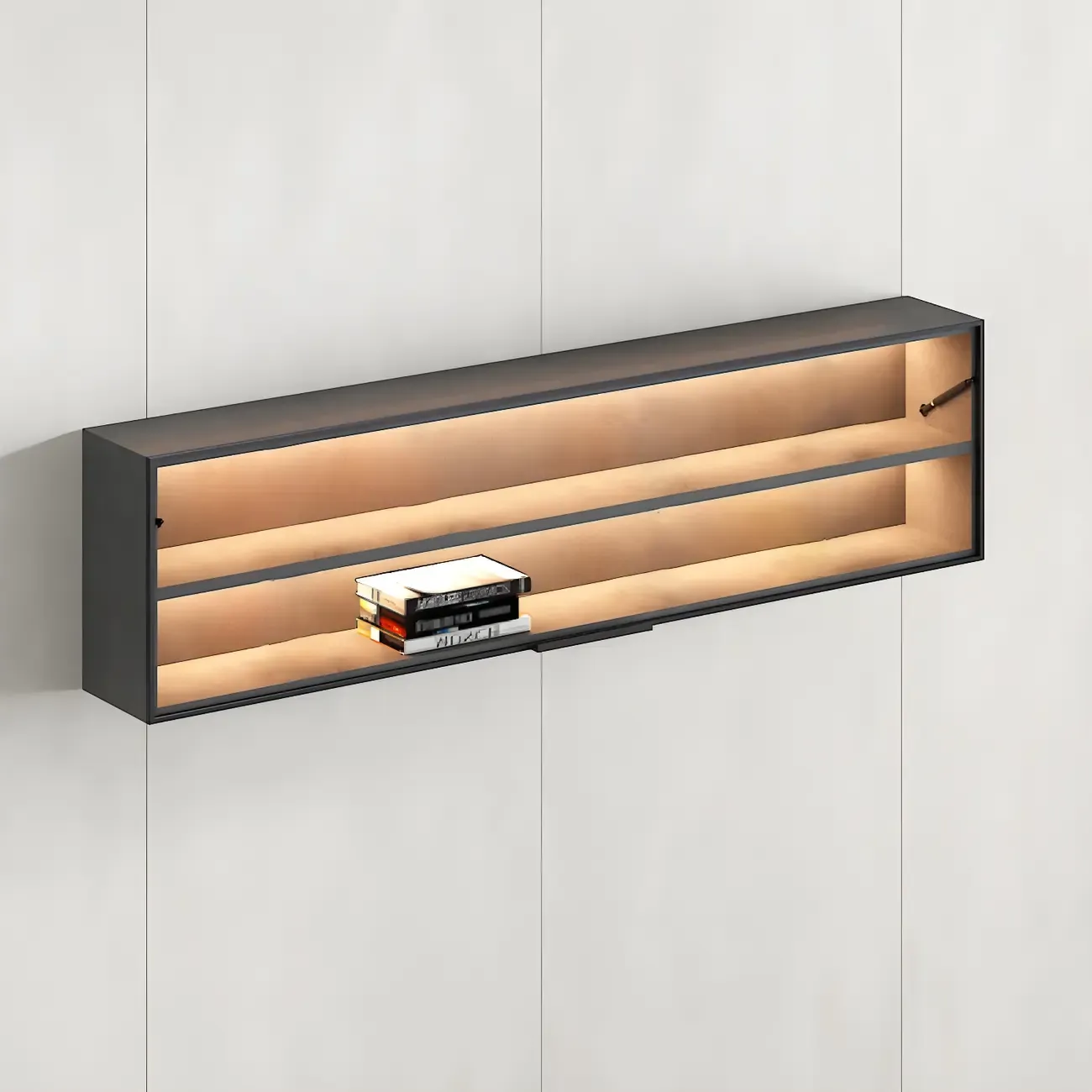 Black Wall Mount Wood 2-Cube Display Cabinet with Light Image - 18