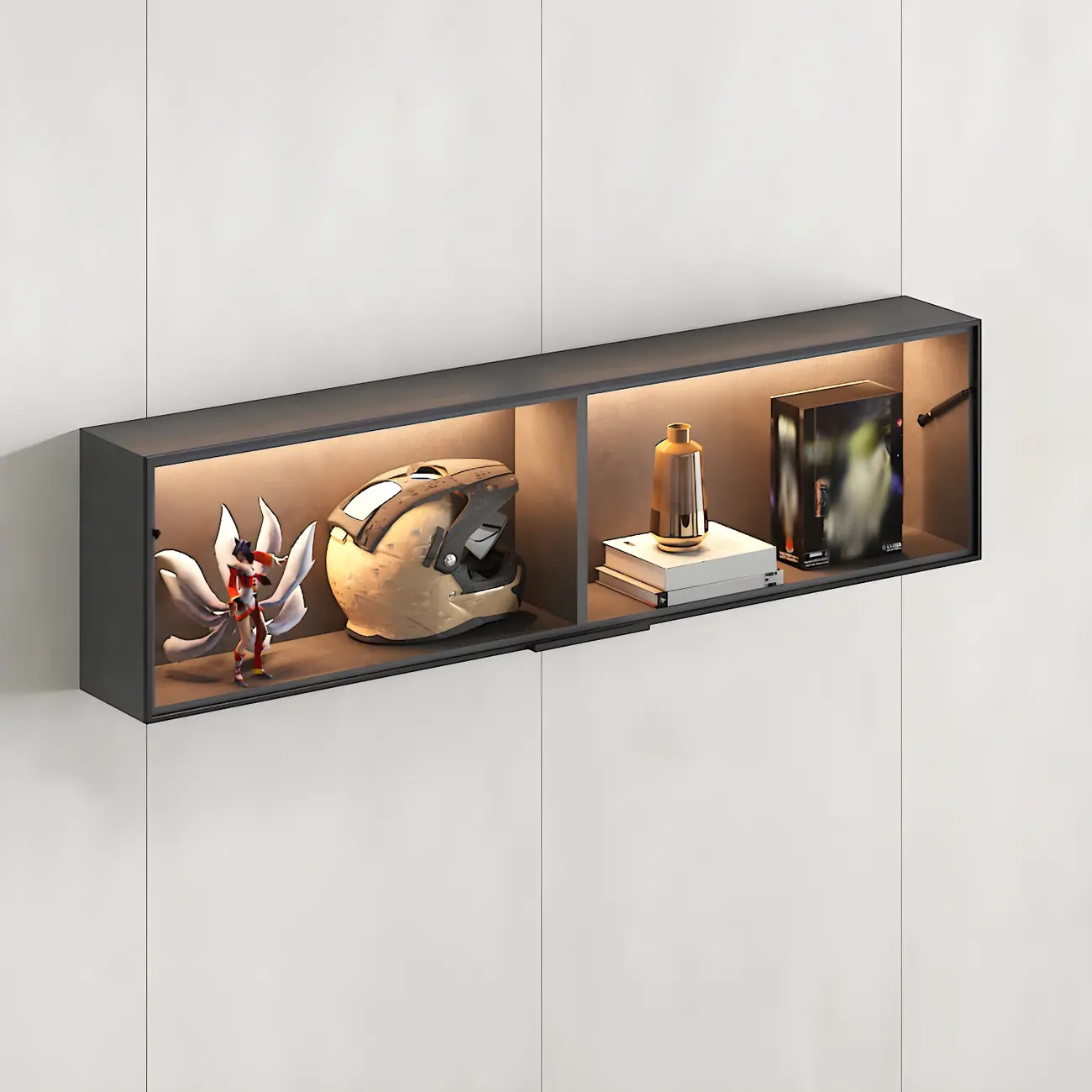 Black Wall Mount Wood 2-Cube Display Cabinet with Light Image - 11 | homeyfad